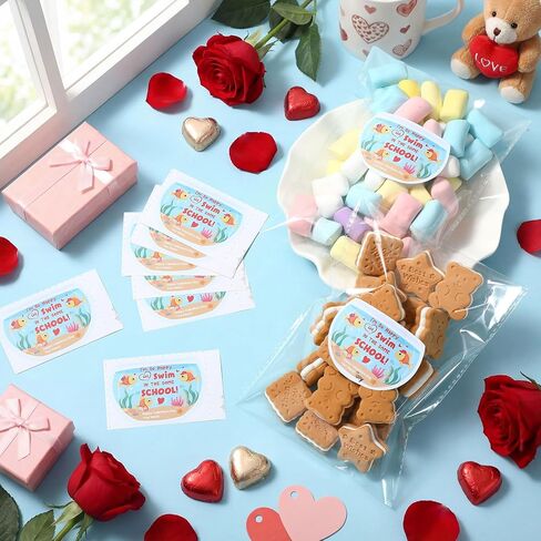 Geyoga 30 Pack Valentine's Day Goldfish Stickers with Treat Bags Self-Adhesive Biscuit Dessert Plastic Bag Cellophane Gift for Valentines Birthday Party Favors Supplies in Saudi Arabia