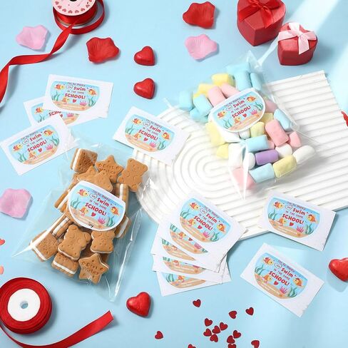 Geyoga 30 Pack Valentine's Day Goldfish Stickers with Treat Bags Self-Adhesive Biscuit Dessert Plastic Bag Cellophane Gift for Valentines Birthday Party Favors Supplies in Saudi Arabia