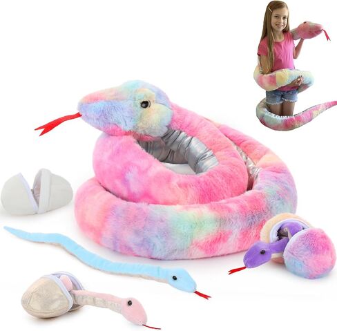 MaoGoLan 7Pcs Rainbow Snake Toys Stuffed Animals Bulk, Giant Plush Snake Mommy with 3 Babies & 3 Eggs Inside, Long Snake Plush Boa Constrictor for Kids Gifts Halloween Prank Props in Kuwait