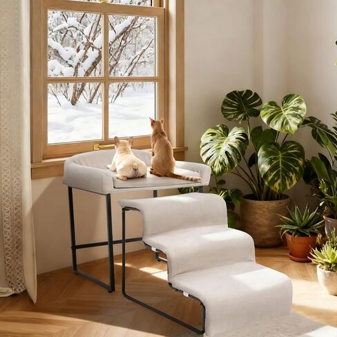 Dog Window Perch with Removable Stairs, Cat Window Seat with Cushioned Platform, Non-Slip Bedside Foam Pet Bed for Cats and Dogs, Beige in Saudi Arabia