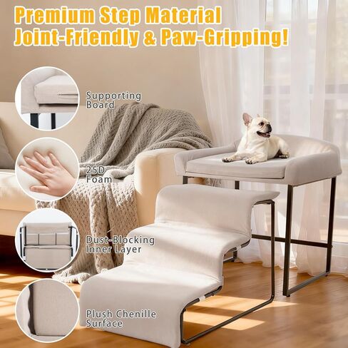 Dog Window Perch with Removable Stairs, Cat Window Seat with Cushioned Platform, Non-Slip Bedside Foam Pet Bed for Cats and Dogs, Beige in Saudi Arabia