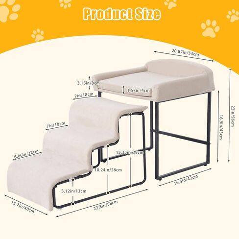 Dog Window Perch with Removable Stairs, Cat Window Seat with Cushioned Platform, Non-Slip Bedside Foam Pet Bed for Cats and Dogs, Beige in Saudi Arabia
