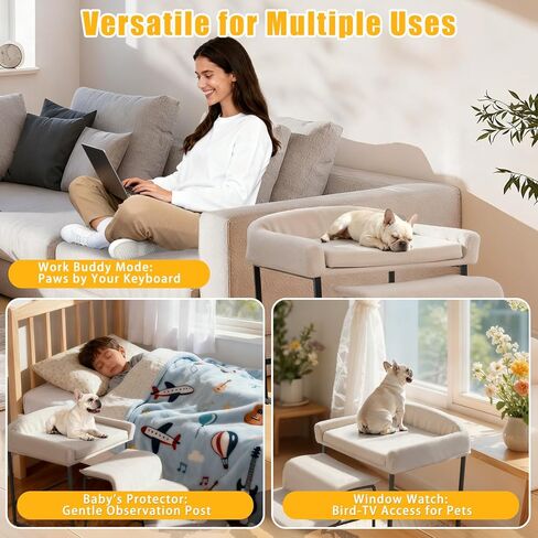 Dog Window Perch with Removable Stairs, Cat Window Seat with Cushioned Platform, Non-Slip Bedside Foam Pet Bed for Cats and Dogs, Beige in Saudi Arabia