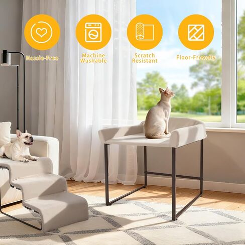 Dog Window Perch with Removable Stairs, Cat Window Seat with Cushioned Platform, Non-Slip Bedside Foam Pet Bed for Cats and Dogs, Beige in Saudi Arabia