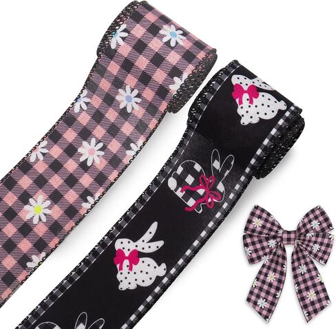 Threetols 2 Rolls 10 Yards Easter Bunny Wired Edge Ribbon, 2.5inch Black Pink Buffalo Plaid Flower Ribbon, Cute Rabbit Black Check Ribbon for Spring Holiday DIY Craft Wreath Bow Party Decor in Saudi Arabia