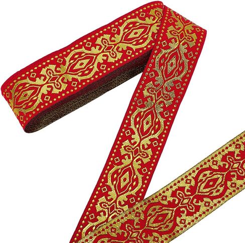 PH PandaHall 15.3 Yards Ethnic Jacquard Ribbon 1.3 Inch Red Jacquard Trim Emobridered Woven Ribbon Boho Fabric Floral Trim Fringe for Sewing Clothes Bag Curtain Decoration Gift Wrapping in Saudi Arabia