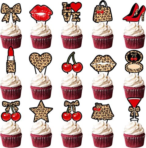 الفهد والكرز كب كيك القبعات العالية ليوبارد brithday الزينة 48pcs الفهد طباعة الكرز القوس كب كيك يختار الكرز كعكة الديكور للفتيات النساء الحيوان طباعة العازبة حزب اللوازم in Saudi Arabia