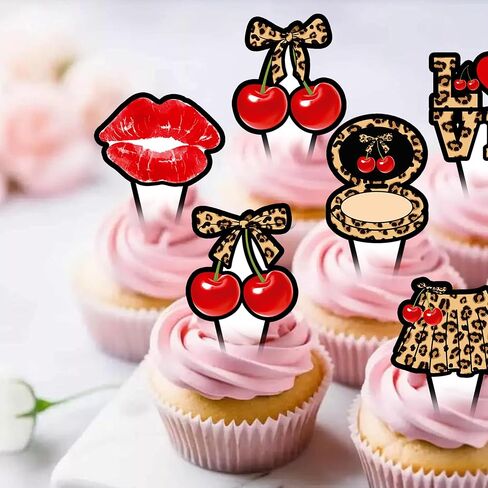 الفهد والكرز كب كيك القبعات العالية ليوبارد brithday الزينة 48pcs الفهد طباعة الكرز القوس كب كيك يختار الكرز كعكة الديكور للفتيات النساء الحيوان طباعة العازبة حزب اللوازم in Saudi Arabia