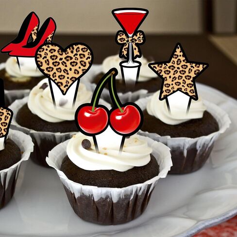 الفهد والكرز كب كيك القبعات العالية ليوبارد brithday الزينة 48pcs الفهد طباعة الكرز القوس كب كيك يختار الكرز كعكة الديكور للفتيات النساء الحيوان طباعة العازبة حزب اللوازم in Saudi Arabia