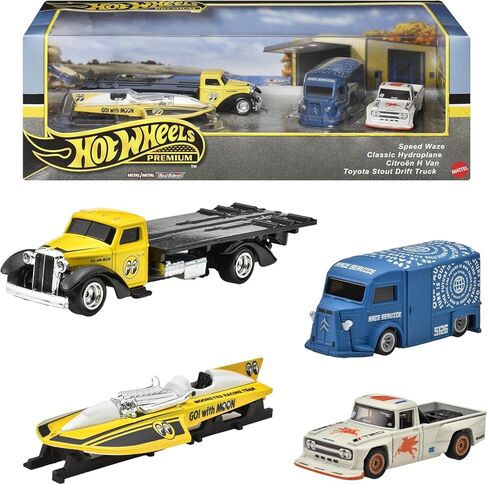 مجموعة Hot Wheels Premium Collector، 4 مركبات مصبوبة، Speed ​​Waze، طائرة مائية كلاسيكية، شاحنة Citroen H، شاحنة Toyota Stout Drift in Saudi Arabia