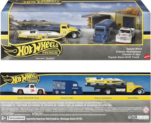 مجموعة Hot Wheels Premium Collector، 4 مركبات مصبوبة، Speed ​​Waze، طائرة مائية كلاسيكية، شاحنة Citroen H، شاحنة Toyota Stout Drift in Saudi Arabia