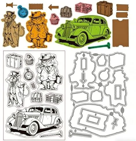 1Set Cartoon Theme PVC Plastic Clear Stamps, Cat Mouse and Car Pattern Carbon Steel Cutting Dies Stencils for DIY Scrapbooking Photo Album Decorative Embossing Paper Card, 6.3x4.33inch in Saudi Arabia
