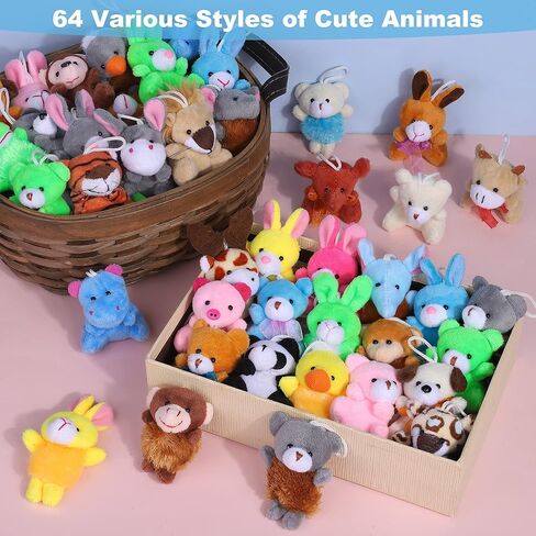 Fovths 64 Pieces Mini Plush Animals Toys Set Cute Small Stuffed Animal Keychain Jungle Animal Decor Goodie Bag Basket Fillers for Birthday Christmas Party in Saudi Arabia