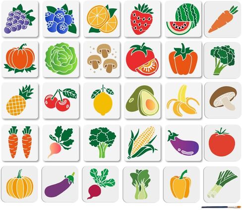 MAYJOYDIY 30Pcs Fruit Vegetable Stencils Pumpkin Mushroom Painting Stencil 5.9×5.9inch Reusable Strawberry Lemon Drawing Template with Paint Brush for Craft on Window Wood Wall Home Decor in Saudi Arabia