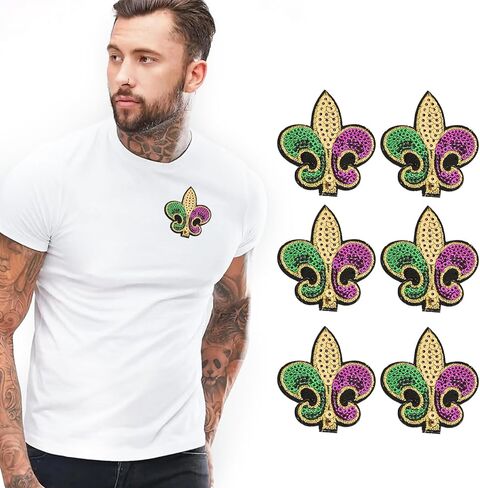 6 Pcs Mardi gras Iron On Patches Set, Purple Gold Green Sequin, Mardi gras Patches Iron On Fleur De Lis Applique Transfers Fit for Clothing Hats DIY Craft, Carnival Party Accessories in Kuwait