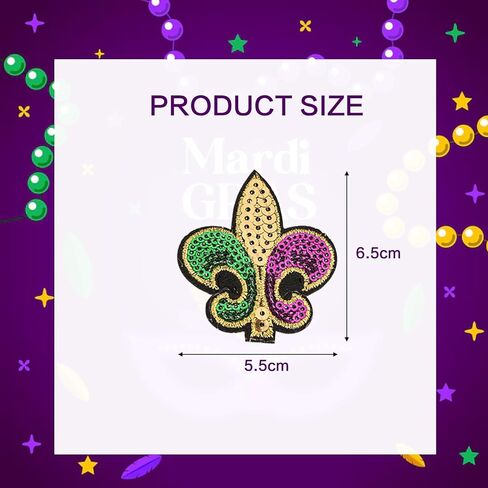 6 Pcs Mardi gras Iron On Patches Set, Purple Gold Green Sequin, Mardi gras Patches Iron On Fleur De Lis Applique Transfers Fit for Clothing Hats DIY Craft, Carnival Party Accessories in Kuwait