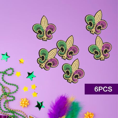 6 Pcs Mardi gras Iron On Patches Set, Purple Gold Green Sequin, Mardi gras Patches Iron On Fleur De Lis Applique Transfers Fit for Clothing Hats DIY Craft, Carnival Party Accessories in Kuwait