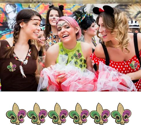 6 Pcs Mardi gras Iron On Patches Set, Purple Gold Green Sequin, Mardi gras Patches Iron On Fleur De Lis Applique Transfers Fit for Clothing Hats DIY Craft, Carnival Party Accessories in Kuwait