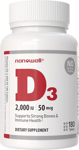NANOWELL فيتامين D3 2000 وحدة دولية، 180 كبسولة هلامية × 1 زجاجة - مكمل لدعم المناعة (180 قطعة) in Kuwait