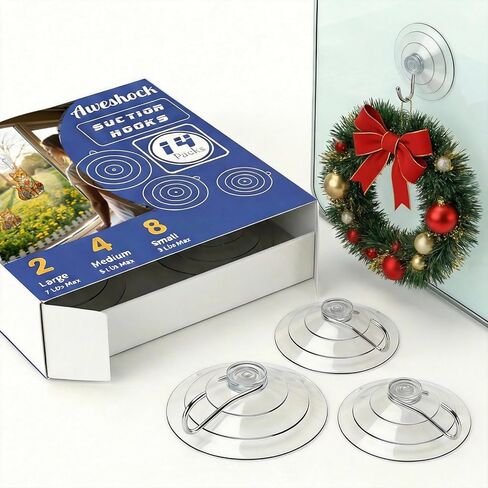 Suction Hook, 14 Packs Combo -4 Small 8 Medium 2 Large,Waterproof Bathroom Suction Hooks for Shower, Kitchen, Window Suction Cups with Hooks - Removable Wreath Door Hanger in Saudi Arabia