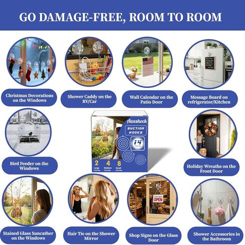 Suction Hook, 14 Packs Combo -4 Small 8 Medium 2 Large,Waterproof Bathroom Suction Hooks for Shower, Kitchen, Window Suction Cups with Hooks - Removable Wreath Door Hanger in Saudi Arabia