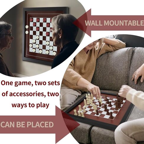 Wall Mounted Board Games Classic Checkers Game Strategy and Fun Games Art Decor for Home Checkers Board Game Magnetic Hanging Checkers and Chess Wooden Board Games (Checkers and Chess) in Saudi Arabia