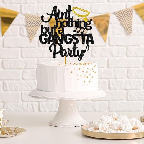 Hip Hop Bday Cake Decor for Baby Boy,Ain't Nothing But A Gangsta Party Cake Topper, 90's Themed Crown Sign 1st Birthday, 70s 80s 90s Gangster Themed Birthday Decorations - Black Glitter in Saudi Arabia