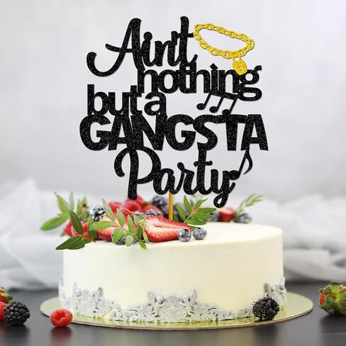 Hip Hop Bday Cake Decor for Baby Boy,Ain't Nothing But A Gangsta Party Cake Topper, 90's Themed Crown Sign 1st Birthday, 70s 80s 90s Gangster Themed Birthday Decorations - Black Glitter in Saudi Arabia