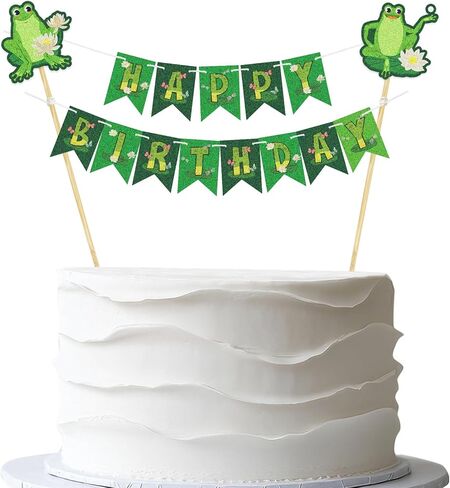 لافتة علوية لكعكة عيد ميلاد سعيد على شكل ضفدع - رايات حفلات كعكة على شكل ضفدع أخضر مثبتة مسبقًا - لوازم حفلات أعياد ميلاد زواحف الغابات المطيرة للأطفال in Kuwait