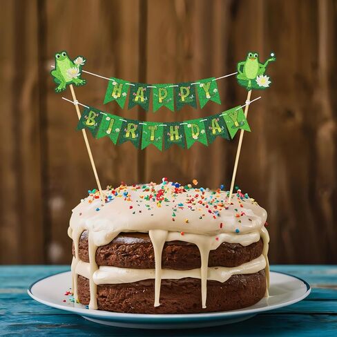 لافتة علوية لكعكة عيد ميلاد سعيد على شكل ضفدع - رايات حفلات كعكة على شكل ضفدع أخضر مثبتة مسبقًا - لوازم حفلات أعياد ميلاد زواحف الغابات المطيرة للأطفال in Kuwait