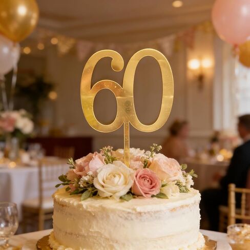 طبقة علوية للكيك من الأكريليك الذهبي، رقم 60 لتزيين الكيك، ديكور كعكة عيد ميلاد سعيد 60 عامًا لتزيين الكيك بعمر 60 عامًا للاحتفال بالذكرى الستين لمستلزمات الحفلات in Saudi Arabia