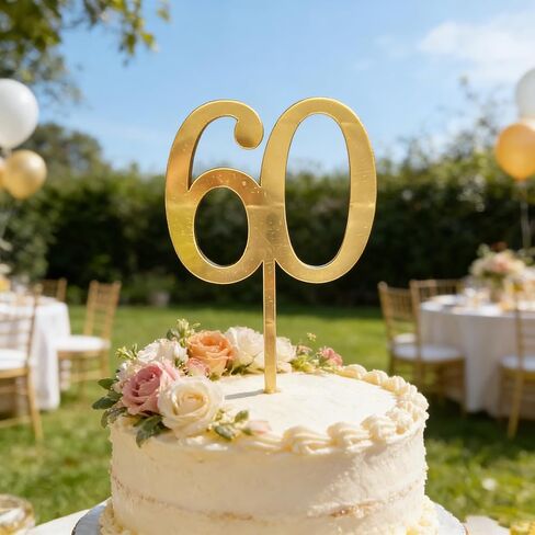طبقة علوية للكيك من الأكريليك الذهبي، رقم 60 لتزيين الكيك، ديكور كعكة عيد ميلاد سعيد 60 عامًا لتزيين الكيك بعمر 60 عامًا للاحتفال بالذكرى الستين لمستلزمات الحفلات in Saudi Arabia