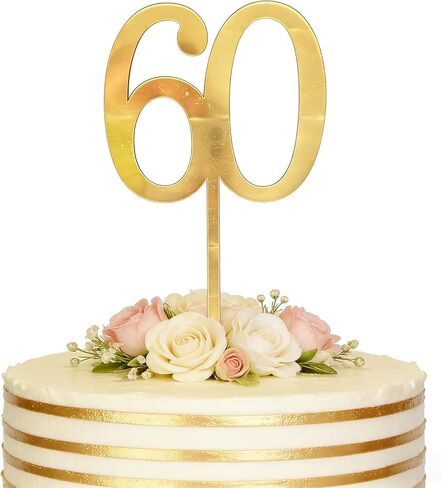 طبقة علوية للكيك من الأكريليك الذهبي، رقم 60 لتزيين الكيك، ديكور كعكة عيد ميلاد سعيد 60 عامًا لتزيين الكيك بعمر 60 عامًا للاحتفال بالذكرى الستين لمستلزمات الحفلات in Saudi Arabia