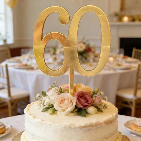طبقة علوية للكيك من الأكريليك الذهبي، رقم 60 لتزيين الكيك، ديكور كعكة عيد ميلاد سعيد 60 عامًا لتزيين الكيك بعمر 60 عامًا للاحتفال بالذكرى الستين لمستلزمات الحفلات in Saudi Arabia