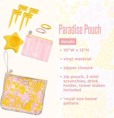 Lilly Pulitzer Water Resistant Vinyl Beach Essentials Paradise Pouch, Zipper Bag Includes 2 Scrunchies, Drink Holder & Towel Stakes (Royal Zoo) in Saudi Arabia