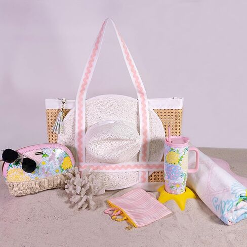 Lilly Pulitzer Water Resistant Vinyl Beach Essentials Paradise Pouch, Zipper Bag Includes 2 Scrunchies, Drink Holder & Towel Stakes (Royal Zoo) in Saudi Arabia