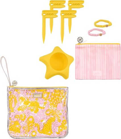 Lilly Pulitzer Water Resistant Vinyl Beach Essentials Paradise Pouch, Zipper Bag Includes 2 Scrunchies, Drink Holder & Towel Stakes (Royal Zoo) in Saudi Arabia