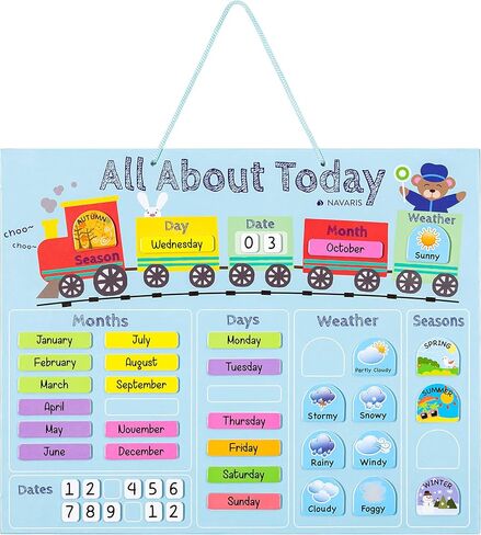 Navaris Kids Magnetic Calendar - Daily Learning Sticker Magnet Chart with Weather, Date, Month, Day, Season for Children - Blue Train Design, English in Saudi Arabia