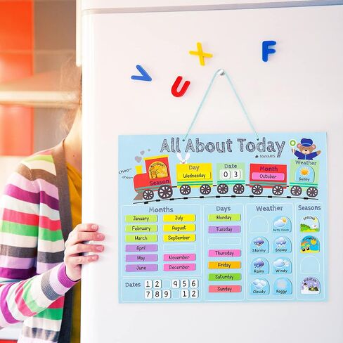 Navaris Kids Magnetic Calendar - Daily Learning Sticker Magnet Chart with Weather, Date, Month, Day, Season for Children - Blue Train Design, English in Saudi Arabia