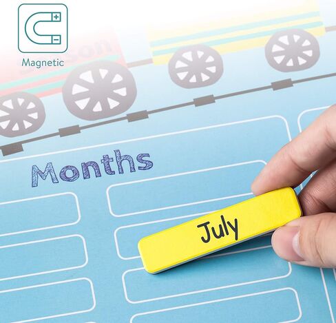 Navaris Kids Magnetic Calendar - Daily Learning Sticker Magnet Chart with Weather, Date, Month, Day, Season for Children - Blue Train Design, English in Saudi Arabia