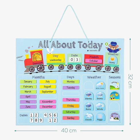 Navaris Kids Magnetic Calendar - Daily Learning Sticker Magnet Chart with Weather, Date, Month, Day, Season for Children - Blue Train Design, English in Saudi Arabia