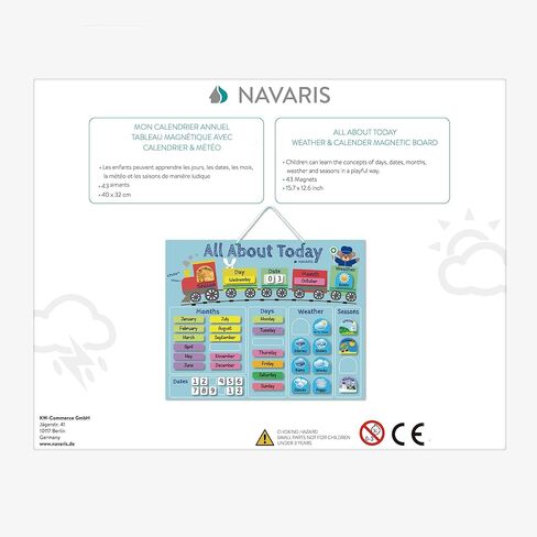 Navaris Kids Magnetic Calendar - Daily Learning Sticker Magnet Chart with Weather, Date, Month, Day, Season for Children - Blue Train Design, English in Saudi Arabia