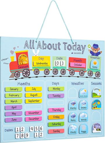 Navaris Kids Magnetic Calendar - Daily Learning Sticker Magnet Chart with Weather, Date, Month, Day, Season for Children - Blue Train Design, English in Saudi Arabia