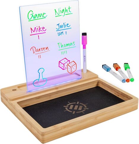 ENHANCE LED Writing Score Board & Dice Tray for Table Games - Dice Rolling Tray with 7 LED Colors, Touch Control, 4 Color Marker Set, Eco-Friendly Bamboo Wood Base - Perfect for Game Night, MTG, RPGs in Saudi Arabia