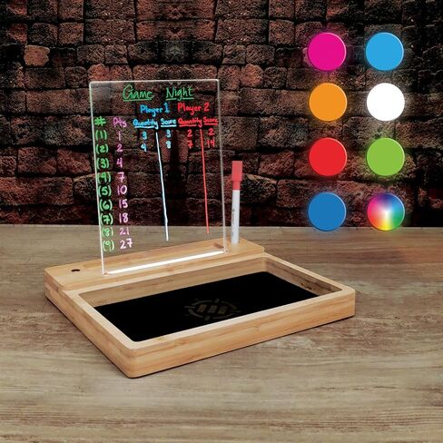 ENHANCE LED Writing Score Board & Dice Tray for Table Games - Dice Rolling Tray with 7 LED Colors, Touch Control, 4 Color Marker Set, Eco-Friendly Bamboo Wood Base - Perfect for Game Night, MTG, RPGs in Saudi Arabia