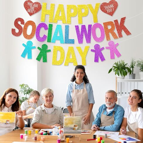Happy Social Work Day Banner - NO DIY Social Work Day Decorations For Party Supplies Glitter Social Worker Appreciation Gifts in Kuwait