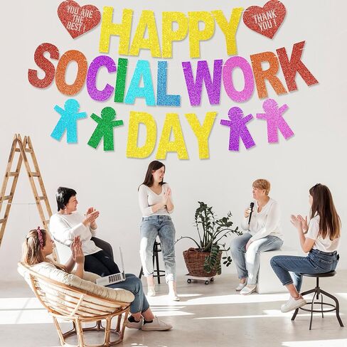 Happy Social Work Day Banner - NO DIY Social Work Day Decorations For Party Supplies Glitter Social Worker Appreciation Gifts in Kuwait