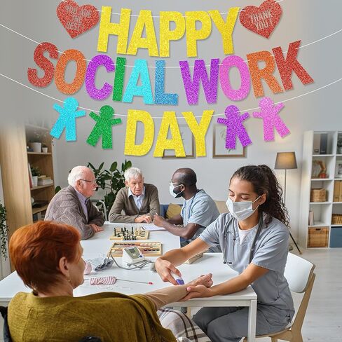 Happy Social Work Day Banner - NO DIY Social Work Day Decorations For Party Supplies Glitter Social Worker Appreciation Gifts in Kuwait