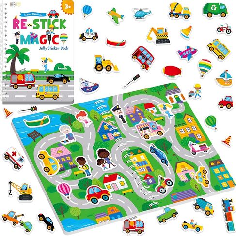 Reusable Jelly Sticker Book, 53 Vehicle Thick Jelly Stickers Waterproof Gel Cling Decals Transportation Themed Busy Book Hands-on Activity Travel Game Educational Learning Toys for Toddlers, Kids in Saudi Arabia