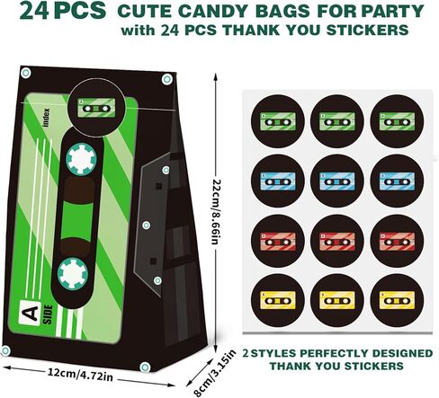 24 Pcs Cassette Tape Theme Goodie Bags with Stickers,70s 80s 90s Themed Birthday Party Favor Bags,Retro Hip Hop Party Gift Bags for Music Theme Decoration Supplies in Saudi Arabia